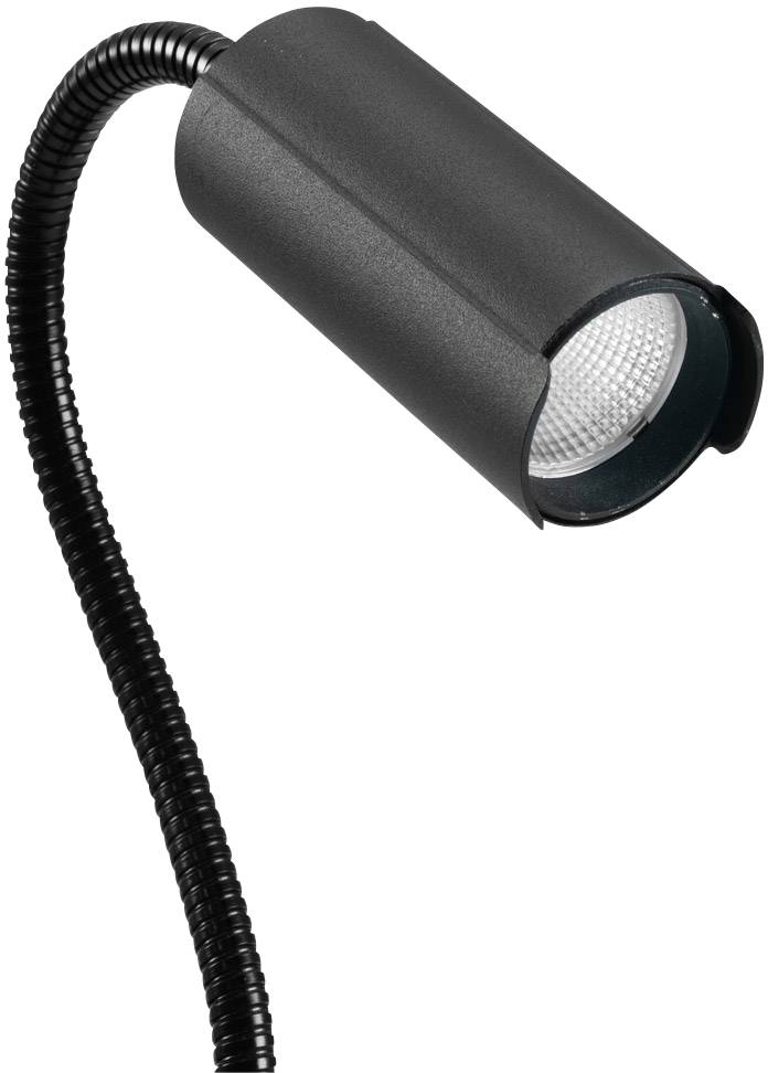 Čierna stolná lampa s labutím krkom a valcovitou hlavicou. Ideálna pre cielené osvetlenie v kanceláriách alebo obytných priestoroch.