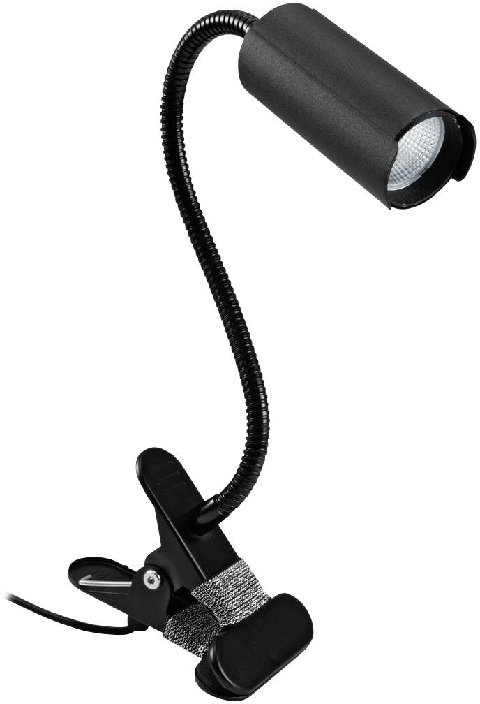 Čierna LED svorková lampa s flexibilným krkom a okrúhlou lampovou hlavou; vhodná na cielené osvetlenie malých priestorov.