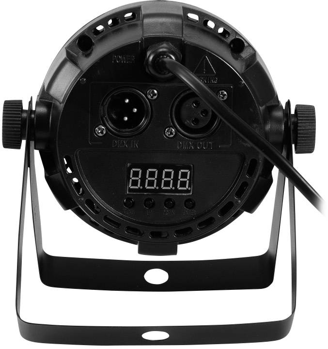 Čierny LED reflektor s digitálnym displejom a prípojkami pre napájanie a DMX ovládanie, namontovaný na držiaku.