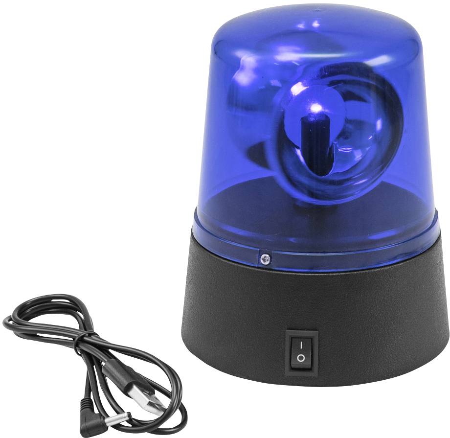 Modrá výstražná lampa s čiernou základňou a sieťovým spínačom, vedľa nej kábel so zástrčkou.