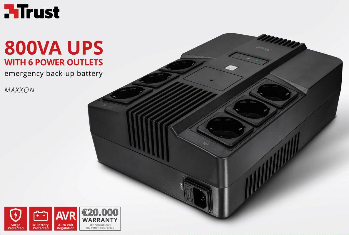 '800VA UPS s 6 elektrickými prípojkami, núdzová náhradná batéria, MAXXON.' Čierne zariadenie s viacerými zásuvkami, obchodné meno v ľavom hornom rohu.