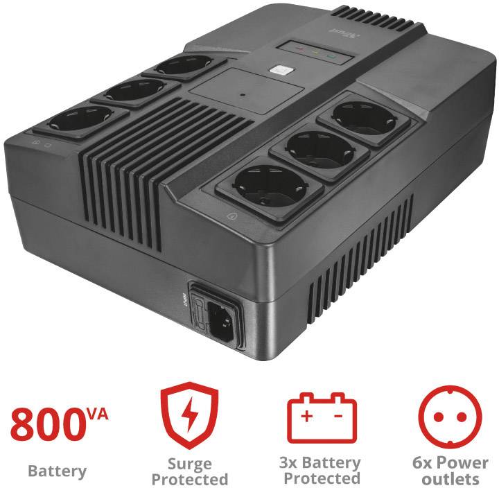 Čierna UPS (neprerušiteľný zdroj napájania) so šiestimi zásuvkami, kapacitou 800 VA, s ochranou proti prepätiu a ochranou batérie.