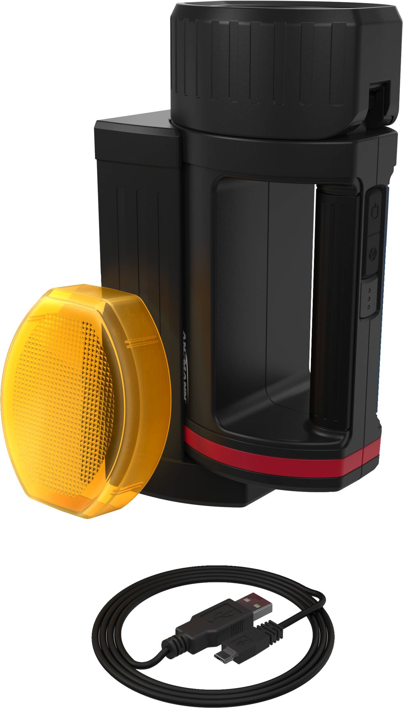 Prenosná čierna LED lampa s červeným pruhom, žltým reflexným prvkom a USB nabíjacím káblom, vhodná pre outdoorové aktivity.