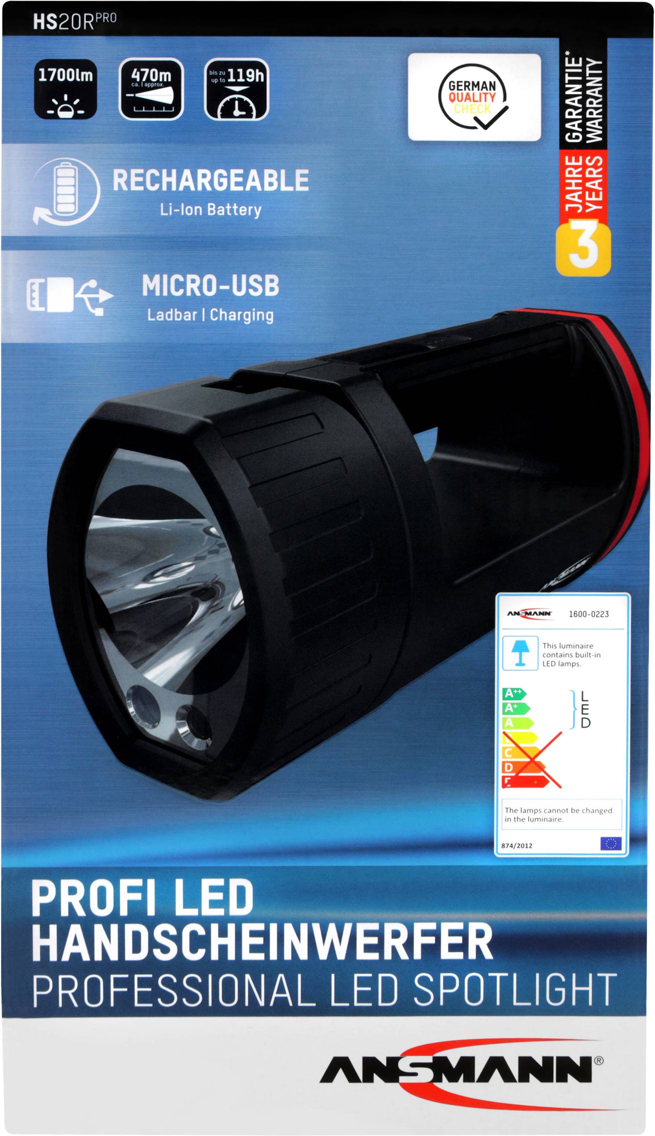 Balenie profesionálnej LED ručnej svietidla od Ansmann s 3-ročnou zárukou, nabíjateľné cez Micro-USB.