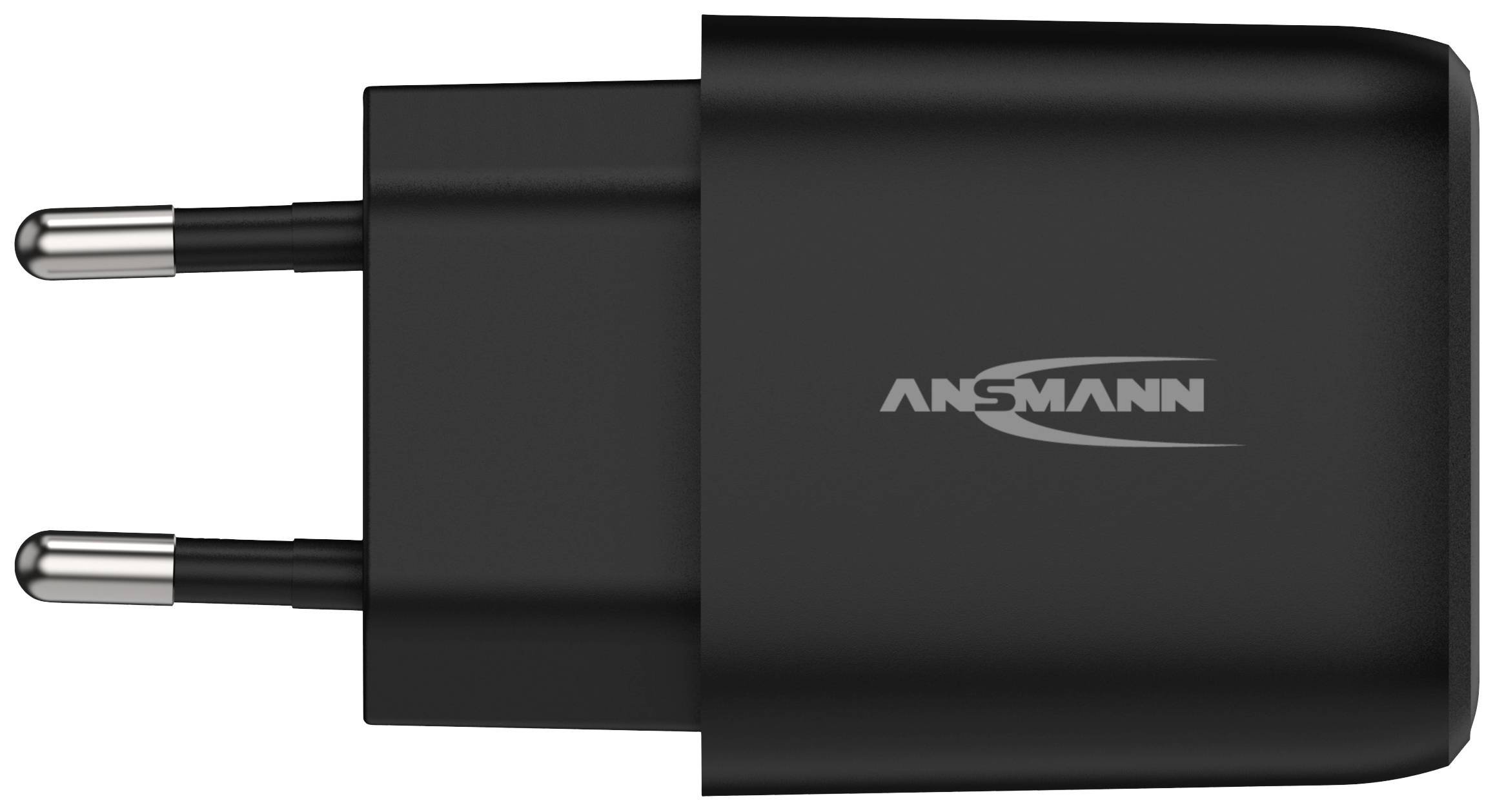 Čierna USB nabíjačka s EÚ zástrčkou, položená na boku, so strieborným logom 'ANSMANN'.