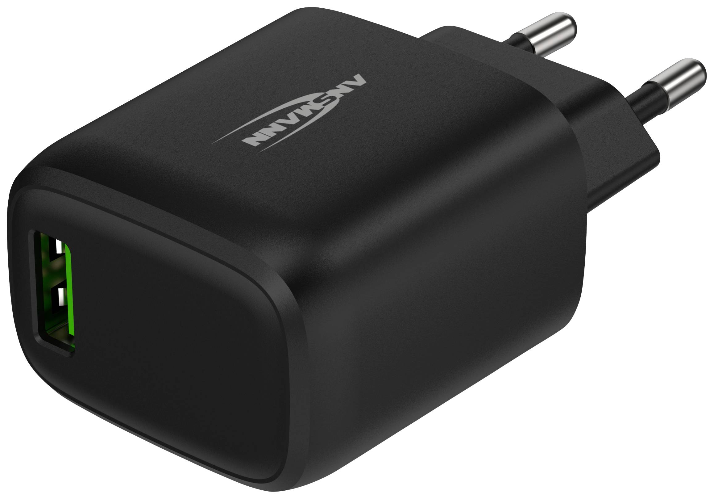 Čierna USB nabíjačka s dvoma európskymi zástrčkovými kontaktmi a jedným USB portom. Značkový názov viditeľný na zariadení.