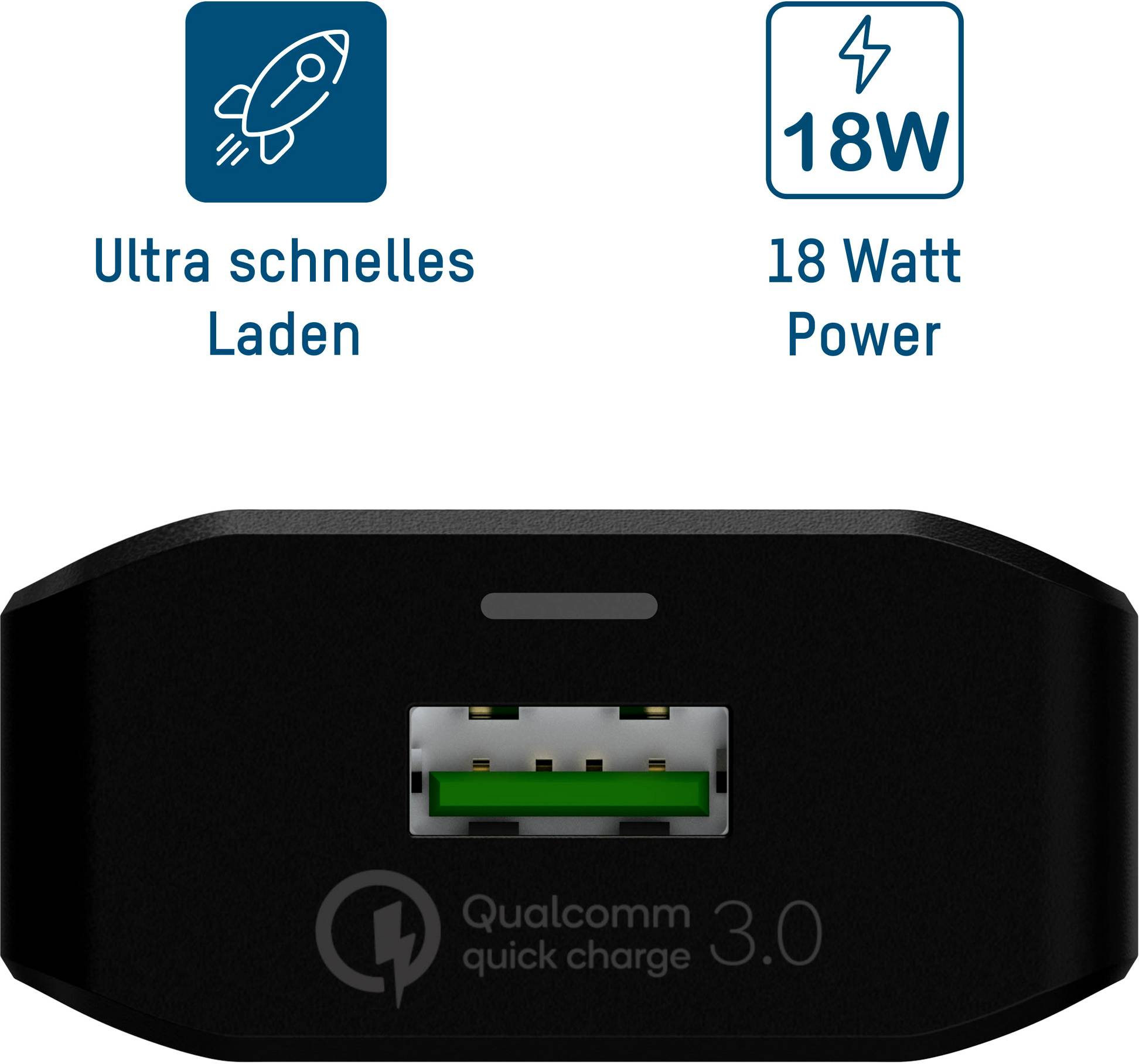 Čierna nabíjačka s USB portom. Text: 'Ultra rýchle nabíjanie, 18 wattový výkon, Qualcomm quick charge 3.0'