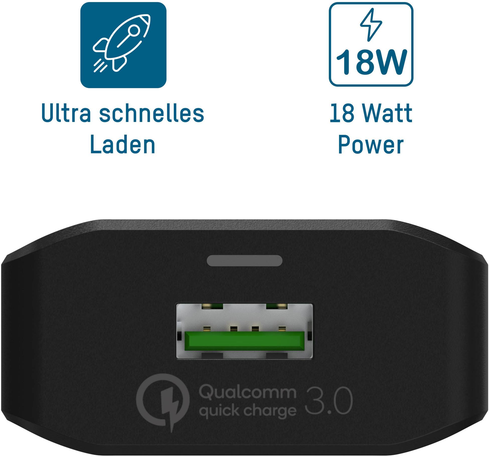 USB nabíjačka s jedným USB portom. Text: 'Ultra rýchle nabíjanie', '18 wattový výkon', 'Qualcomm Quick Charge 3.0'