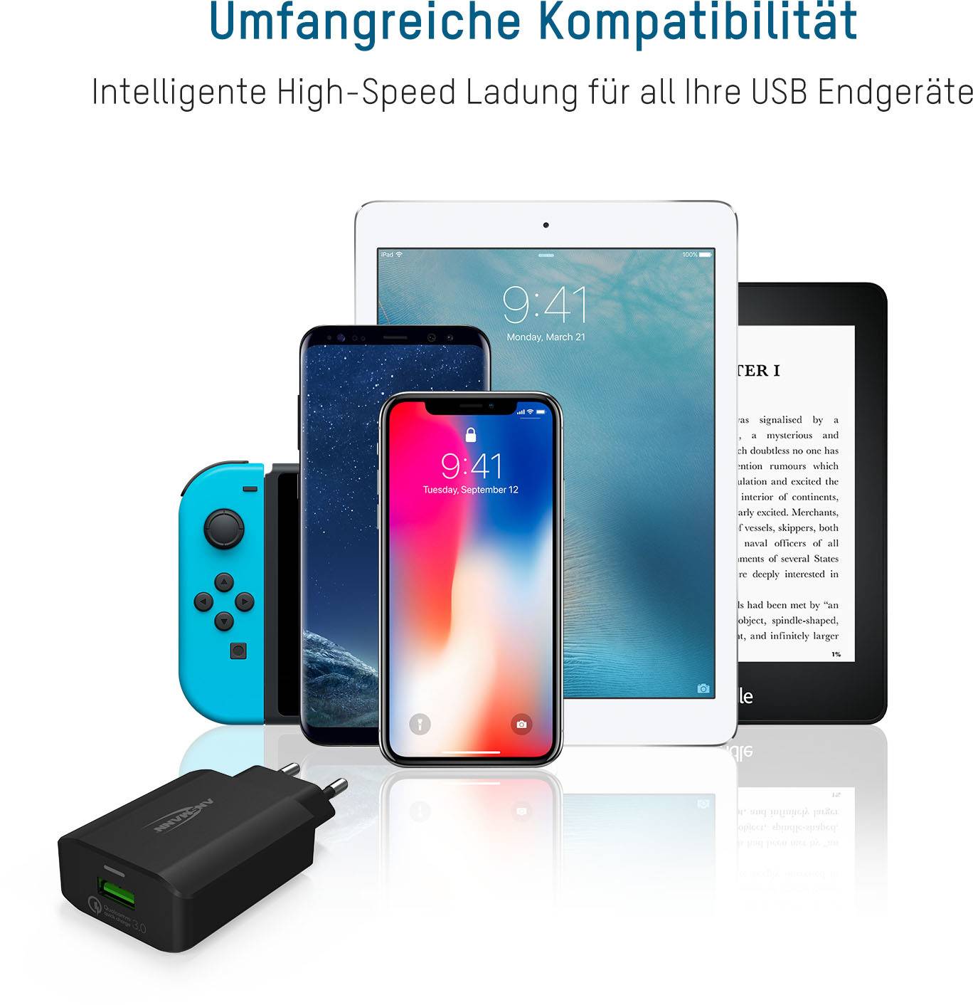 Nabíjačka a elektronické zariadenia ako smartfón, tablet, elektronická čítačka a herná konzola. Text hore: 'Rozsiahla kompatibilita'