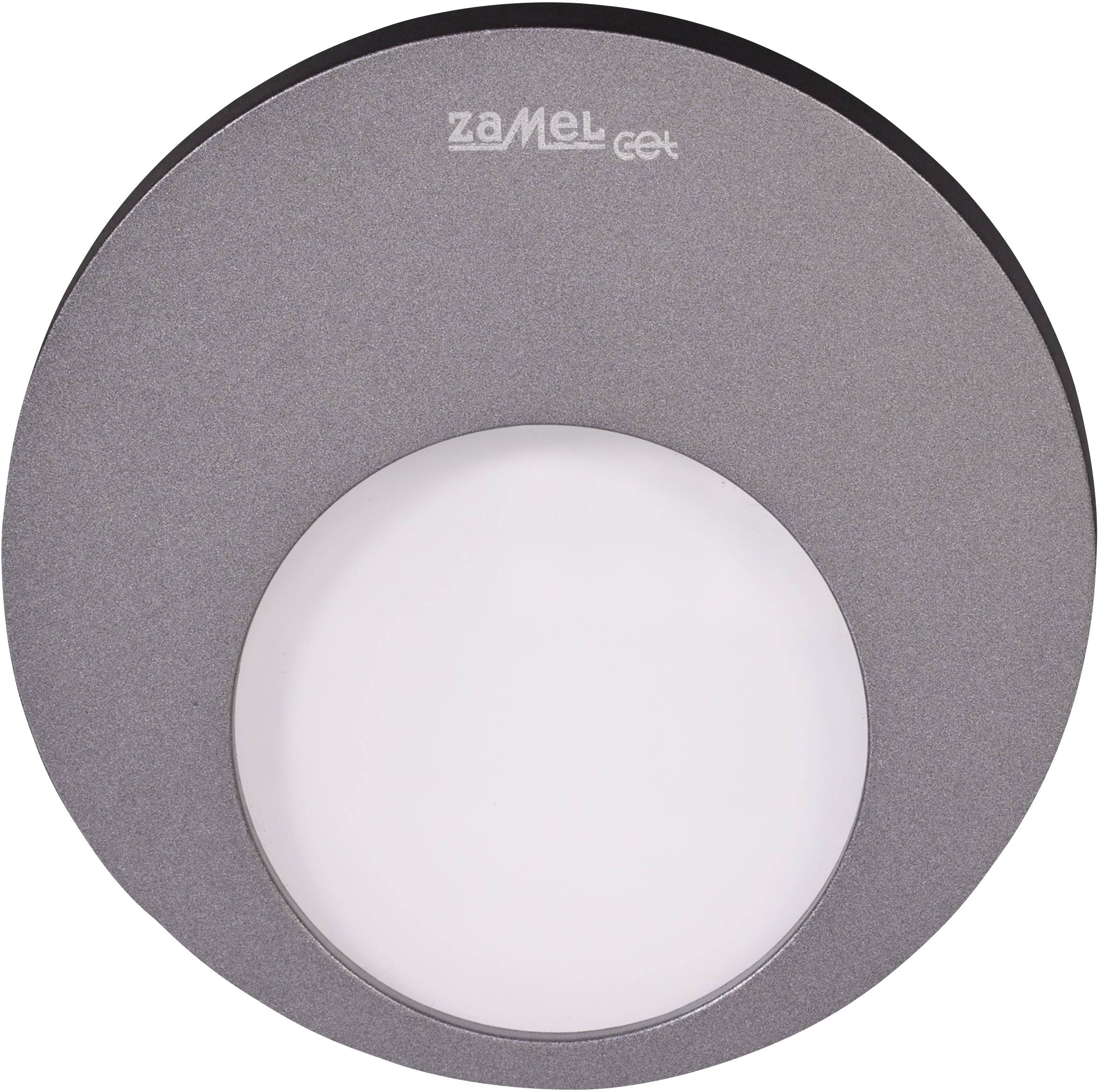 Šedé okrúhle LED svietidlo s bielym stredom, označené nápisom "zamel cet" v hornej časti. Vhodné pre štýlovú, modernú interiérovú svetelnú výbavu.
