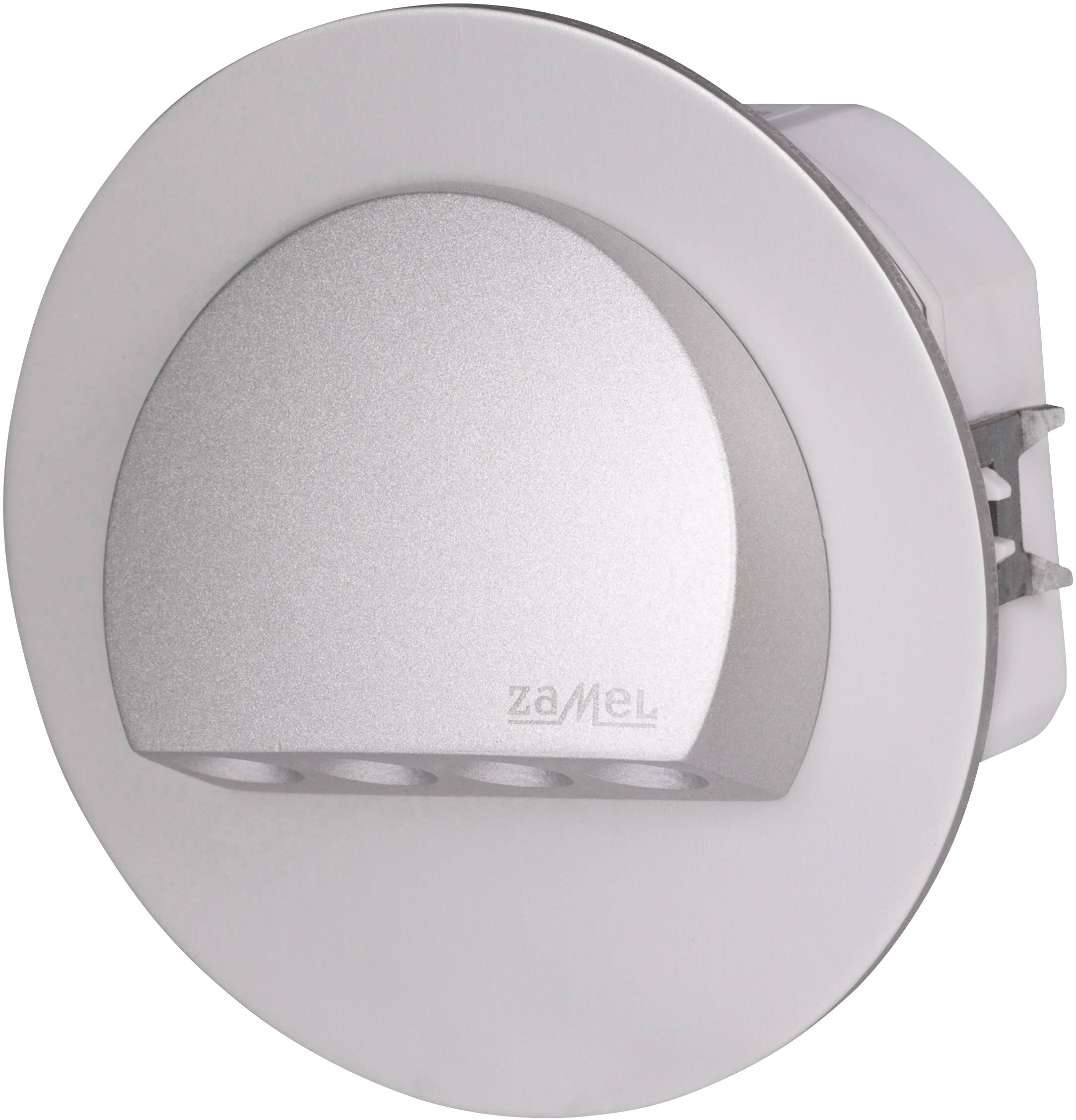 Strieborné LED stenové zabudované svetlo od Zamelu, s kruhovým dizajnom a jemne vystupujúcim krytom, vhodné pre interiérovú osvetlenie.