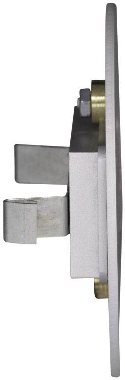 Pohľadový profil kovového mechanizmu zámku dverí s viditelnými komponentmi západky, ktoré odhaľujú jeho štrukturálne detaily.