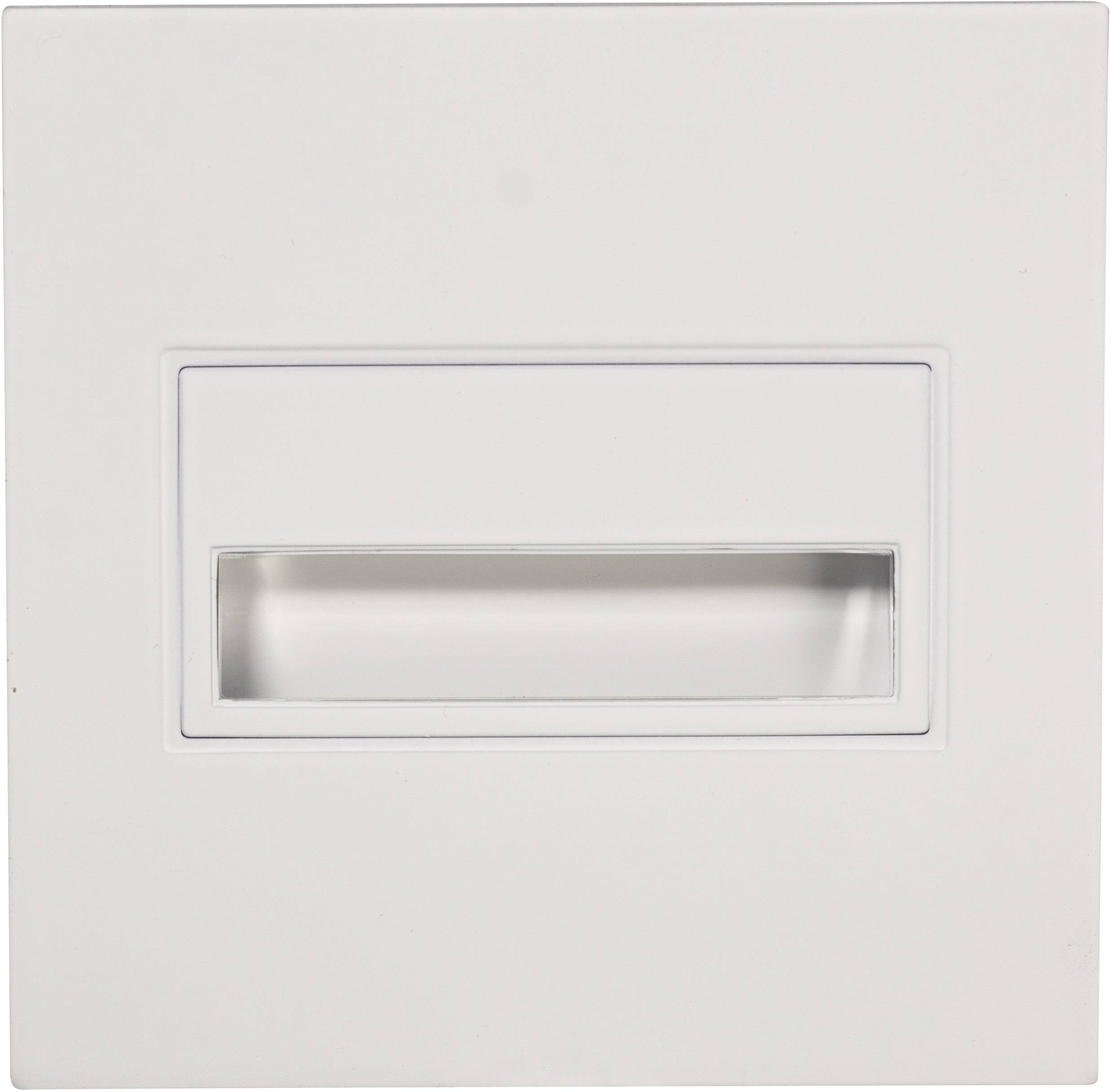 Biely obdĺžnikový vypínač bez viditeľných značiek alebo označení, zabudovaný do hladkého povrchu.