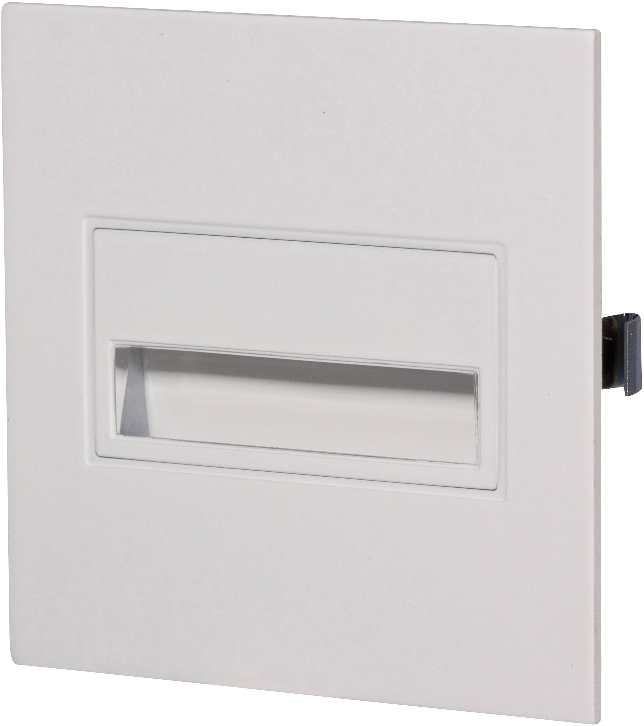 Obdĺžnikový biely stenový panel s centrálnym obdĺžnikovým výrezom. Zdá sa byť vhodný pre elektrické inštalácie.