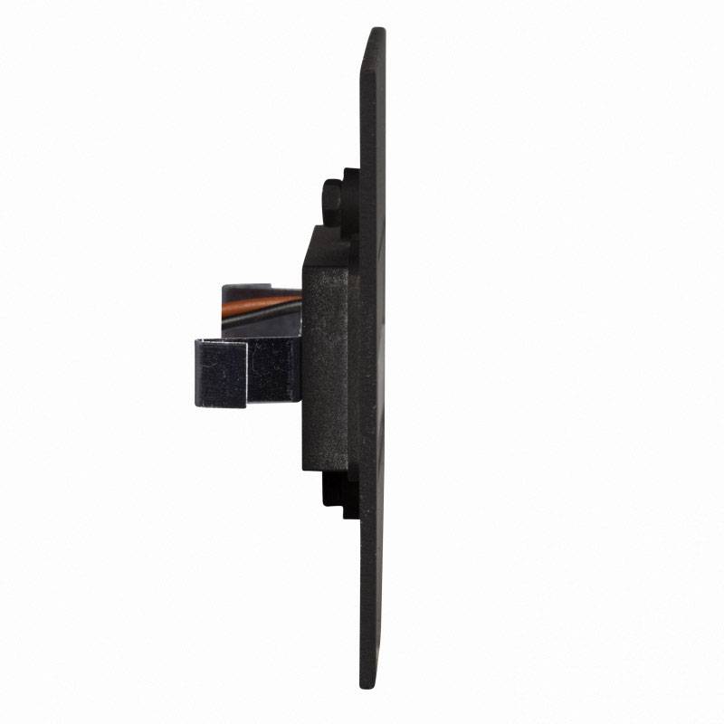 Pohľad z bočnej strany čierneho LED svetla, ploché a štvorcového tvaru. Káble viditeľné na zadnej strane.