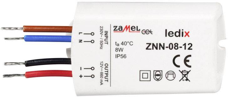 Biele elektronické zariadenie s viacerými farebnými vodičmi, na ktorom sú vytlačené produktové informácie ako 'Zamel ledix' a technické špecifikácie.