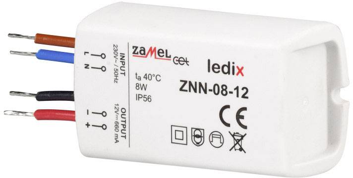 Obdĺžnikový elektrický LED konvertor s pripájacími vodičmi a štítkom 'ledix ZNN-08-12 8W IP56', zobrazujúci CE a ďalšie certifikačné symboly.