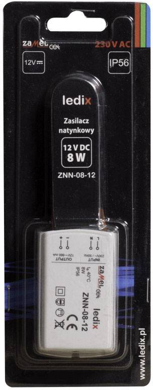 'Ledix Napájací zdroj na omietku' Balenie, 12V DC, 8W výkon, IP56 stupeň krytia. Obsahuje technické údaje a informácie o značke.