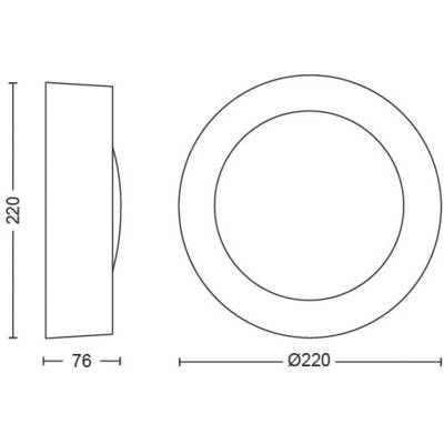 Diagram kruhovitého objektu s priemerom 220 mm a hĺbkou 76 mm. Zobrazený pohľad zboku a zhora.