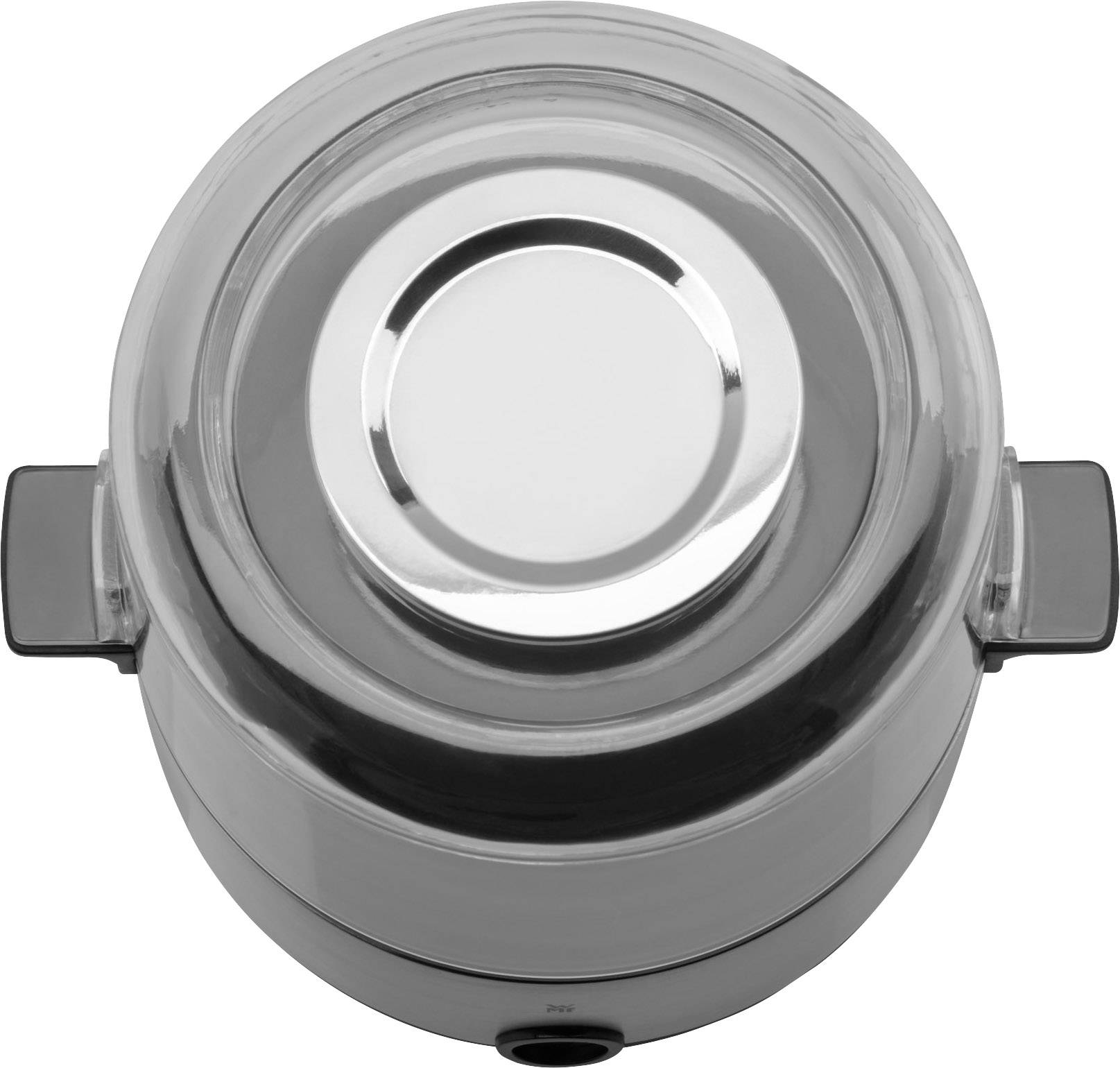 Strieborný hrniec s dvoma rúčkami, fotografovaný zhora, vyniká svojím lesklým vekom.