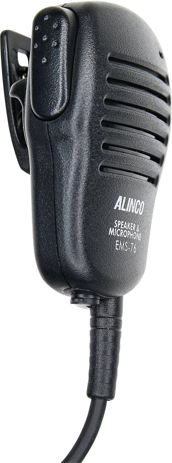Čierne ručné mikrofón s káblom a sponou, označený ako 'Alinco Speaker & Microphone EMS-76'. Vhodný pre pripojenie k zariadeniu.