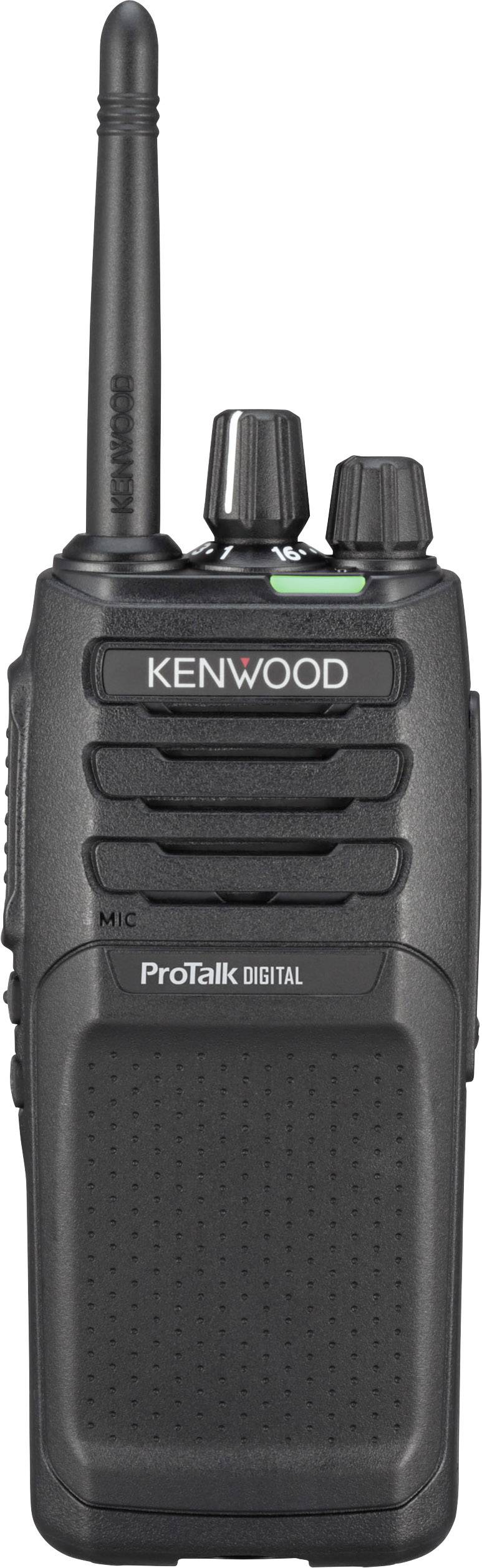 Čierna ručná vysielačka značky Kenwood s anténou, mikrofónom a rôznymi ovládacími tlačidlami. Model: ProTalk Digital.