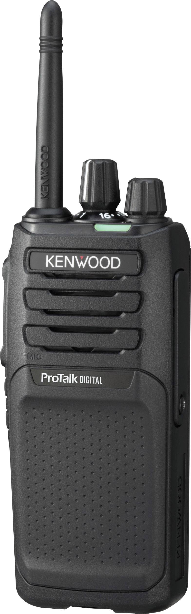 Čierne ručné digitálne rádiostanice Kenwood ProTalk so anténou a viacerými ovládacími tlačidlami, stojace vzpriamene.