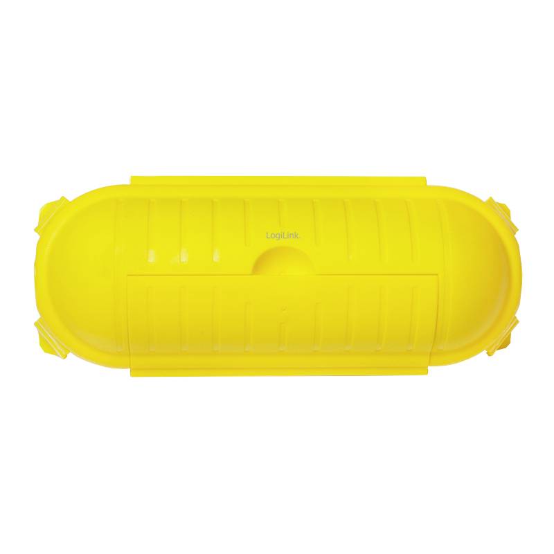 Žlté, oválne ochranné púzdro na káble s vrúbkovaným povrchom a stredným uzáverom, ideálne pre bezpečné uloženie káblov.