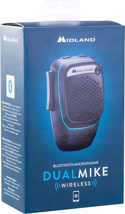 Obal bezdrôtového Bluetooth mikrofónu 'DUALMIKE' od spoločnosti Midland, predná strana zobrazuje obrázok produktu a značku v modrej farbe.