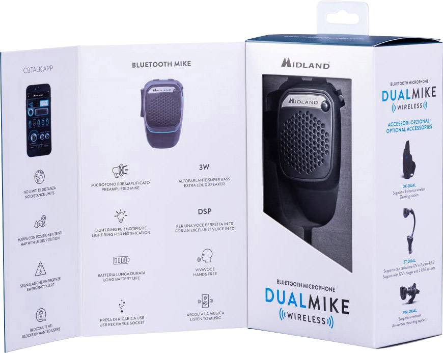 Otvorený obal bluetooth mikrofónu 'MIDLAND Dual Mike', ktorý zobrazuje kľúčové vlastnosti produktu, ako sú hlasové ovládanie, DSP, 3W reproduktor a príslušenstvo.