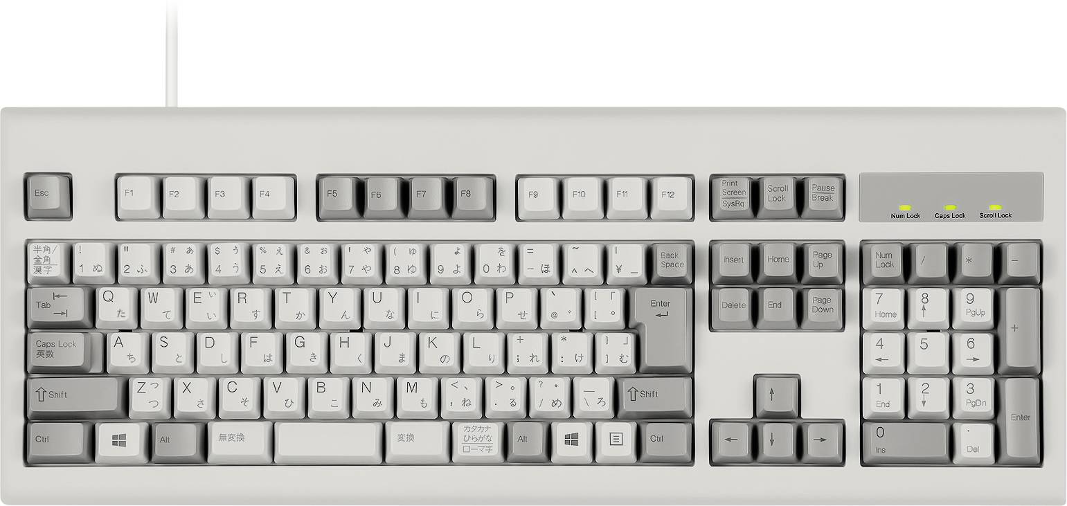Sivá mechanická klávesnica s QWERTZ rozložením, klávesy so symbolmi a číslami, funkčné klávesy hore, smerové šípky dole vpravo.