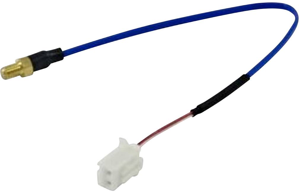 Modré koaxiálne vedenie so zlatým konektorom a bielou zástrčkou na druhom konci, určené pre elektronické prepojenia.