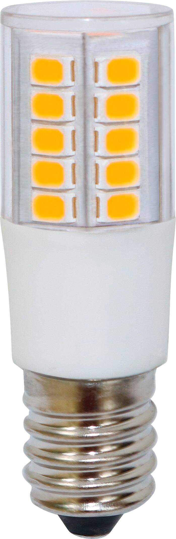 LED žiarovka so soklom E14, valcovitým dizajnom a viditelnými žltými LED modulmi.