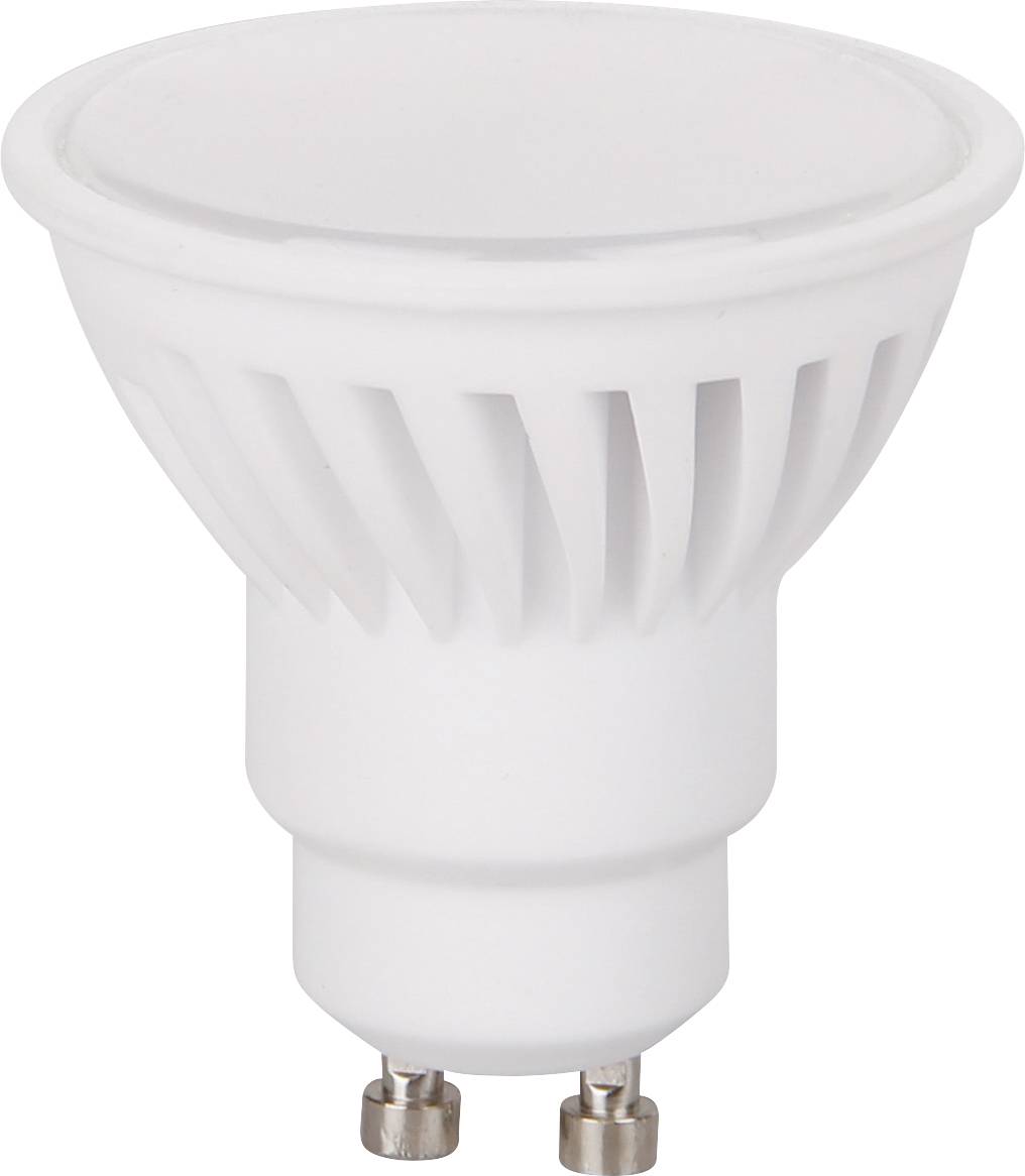 Biela LED žiarovka GU10 s rebrovaným dizajnom, vhodná pre energeticky úsporné osvetlenie.