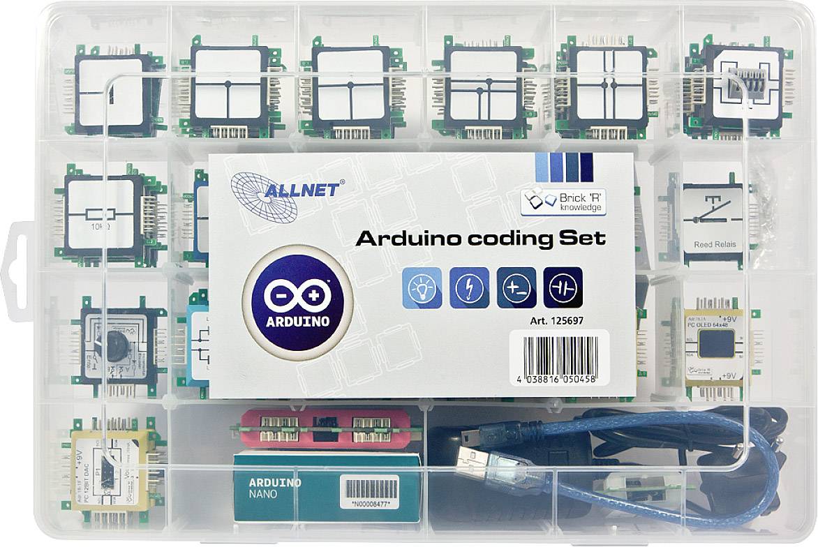 Plastový box s Arduino programovacou sadou, obsahuje senzory a moduly, Arduino Nano a USB kábel, určený pre elektronické projekty.