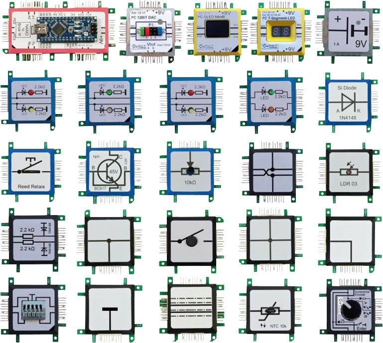 Rôzne elektronické komponenty na doske, každá s odlišnými symbolmi a špecifikáciami ako rezistory a diódy.
