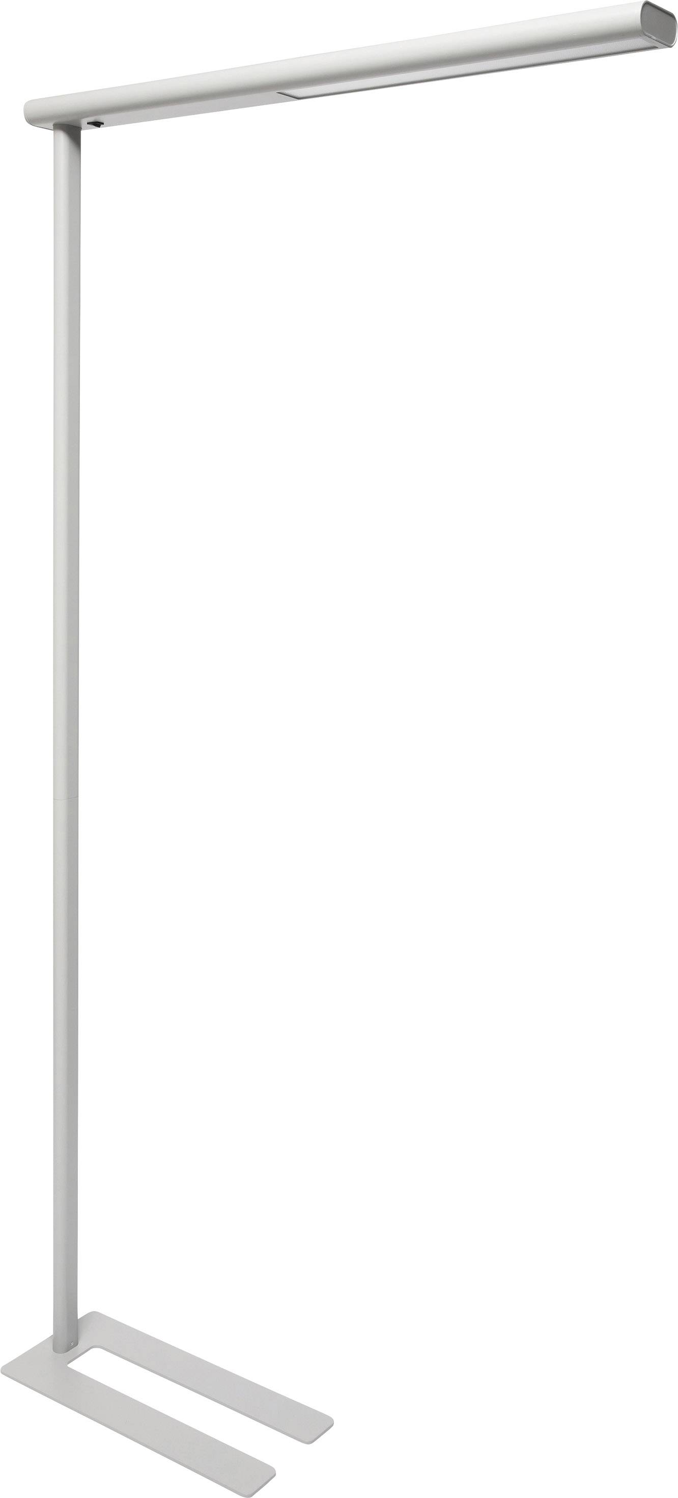 Stojanová lampa s elegantným, moderným dizajnom v striebornej farbe a obdĺžnikovej základni. Ideálna do minimalistických interiérov.