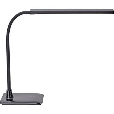 Štíhla, moderná stolná lampa s nastaviteľným ramenom a obdĺžnikovým podstavcom.
