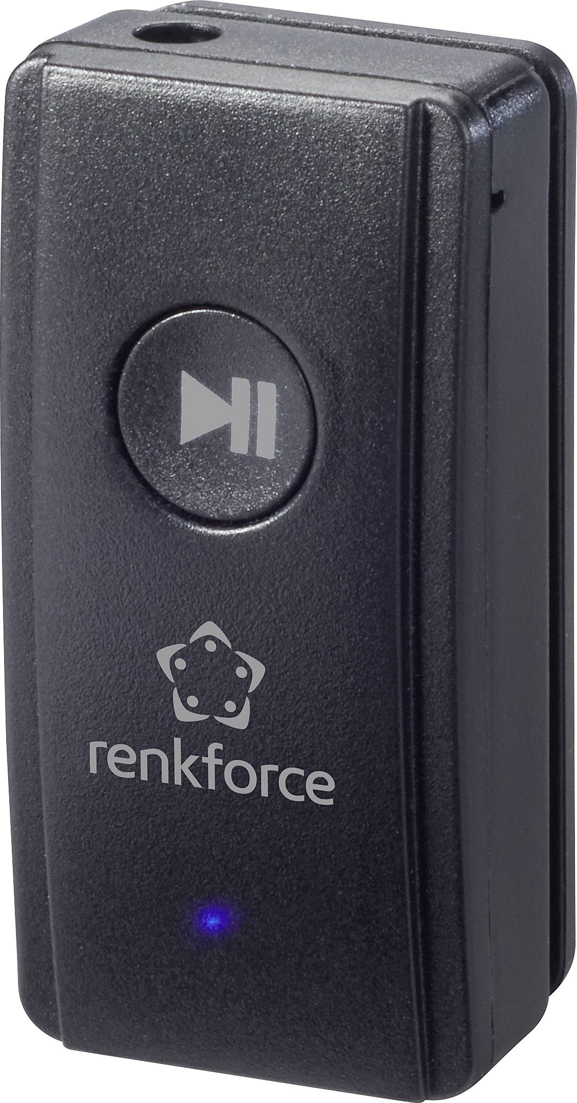 Čierny Bluetooth audio adaptér so symbolom prehrávania/pozastavenia a vyhradzeným logom značky. Kompaktný a bezdrôtový, vhodný na prenos hudby.
