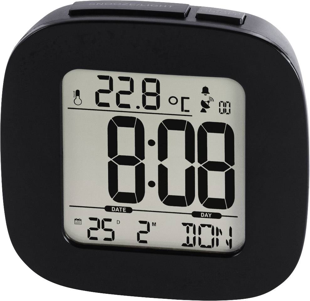 Digitálny budík ukazuje čas 8:08, teplotu 22,8°C a dátum 25.2. Deň v týždni 'Ut' je tiež zobrazený.