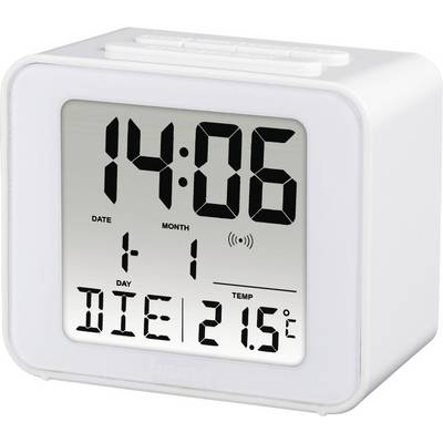 Digitálny budík ukazuje čas 14:06, dátum 1. január, deň v týždni utorok a teplotu 21,5°C.