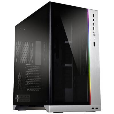 Počítačová skrinka so sklenenou prednou stenou a RGB svetelnými pruhmi na boku. Čierne a strieborné prvky vytvárajú moderný dizajn.