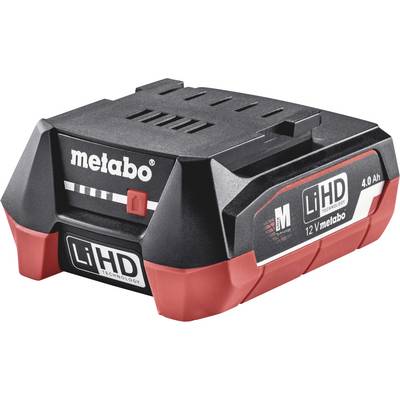 Čierny a červený Metabo LiHD 12V akumulátorový pack s kapacitou 4,0 Ah. S nápisom 'LiHD Technology' a '12 V Metabo'.