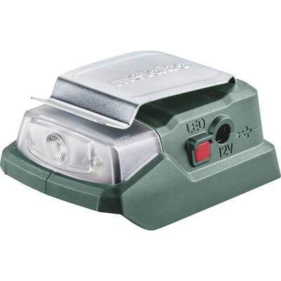 Zelená baterka so strieborným klipom, červeným spínačom a LED indikátorom pre 12V zásuvku.