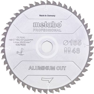 Kotúč na pílu pre hliník od Metabo, priemer 165 mm, 48 zubov, vyrobené v Nemecku. Vhodné pre presné rezy.