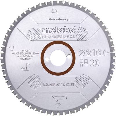 Pílový kotúč Metabo pre profesionálov, vhodný na rezanie laminátu. Priemer 216 mm, maximálne otáčky 7000 ot/min. Vyrobené v Nemecku.