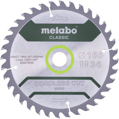 Pílový list so značkou 'metabo', vhodný na drevo, priemer 165 mm, 36 zubov, spomenutý 'Cordless Cut', maximálne 10 000 ot./min.