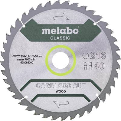 'Pílový list značky Metabo, model Cordless Cut, na drevo. Priemer 216 mm, 40 zubov, maximálne otáčky 7000 min⁻¹.'