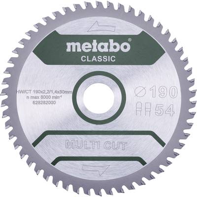 Kotúč pílový s potlačou 'metabo CLASSIC', priemer 190 mm, 54 zubov, max. 8000 ot./min, typ 'MULTI CUT', vhodný pre rôzne materiály.