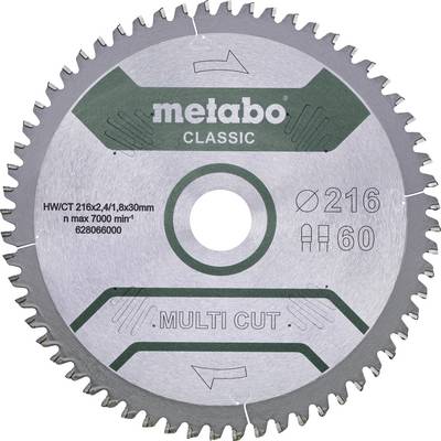 Kotúč na okružnú pílu s nápisom 'metabo CLASSIC', 'MULTI CUT', priemer '216'. Maximálne otáčky 7000 ot/min, 60 zubov.